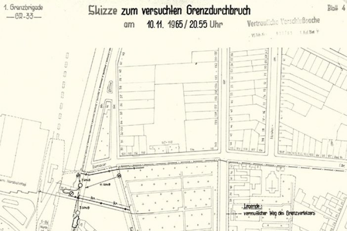 Heinz Cyrus: Tatortskizze der DDR-Grenztruppen, 10. November 1965 Heinz Cyrus: Tatortskizze der DDR-Grenztruppen, 10. November 1965