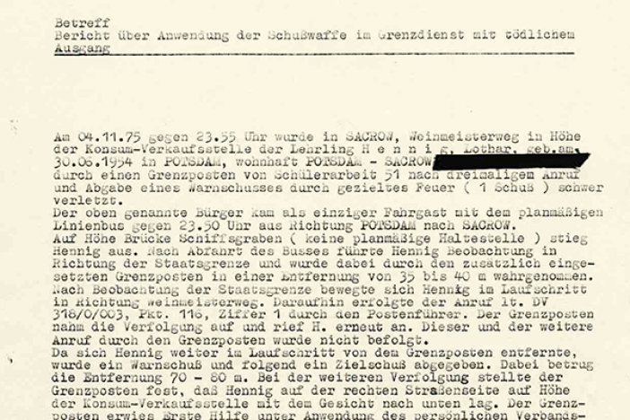 Lothar Hennig: Bericht des Kommandeurs des Grenzkommandos Mitte der DDR-Grenztruppen, 5. November 1975 Lothar Hennig: Bericht des Kommandeurs des Grenzkommandos Mitte der DDR-Grenztruppen, 5. November 1975