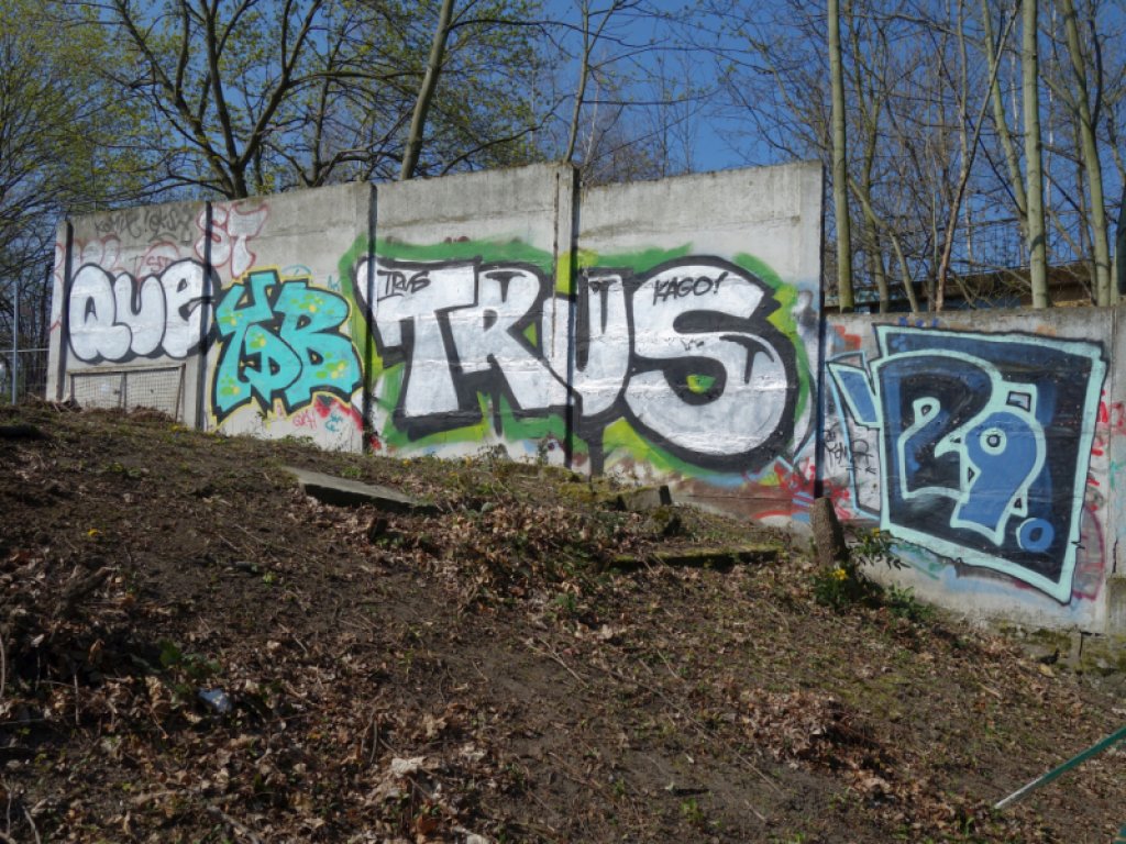 Dieses Stück des ursprünglich 60 Meter langen Abschnittes der Hinterlandmauer hat den Abriss im März 2020 überlebt und steht seit Mai 2020 unter Denkmalschutz, 8. April 2020 Ein aus fünf Betonelementen bestehendes Stück Mauer steht an einem leichten Abhang. Die Elemente fügen sich stufenartig an den abfallenden Erdboden und sind mit Graffiti bemalt. Im Hintergrund stehen kahle Bäume.