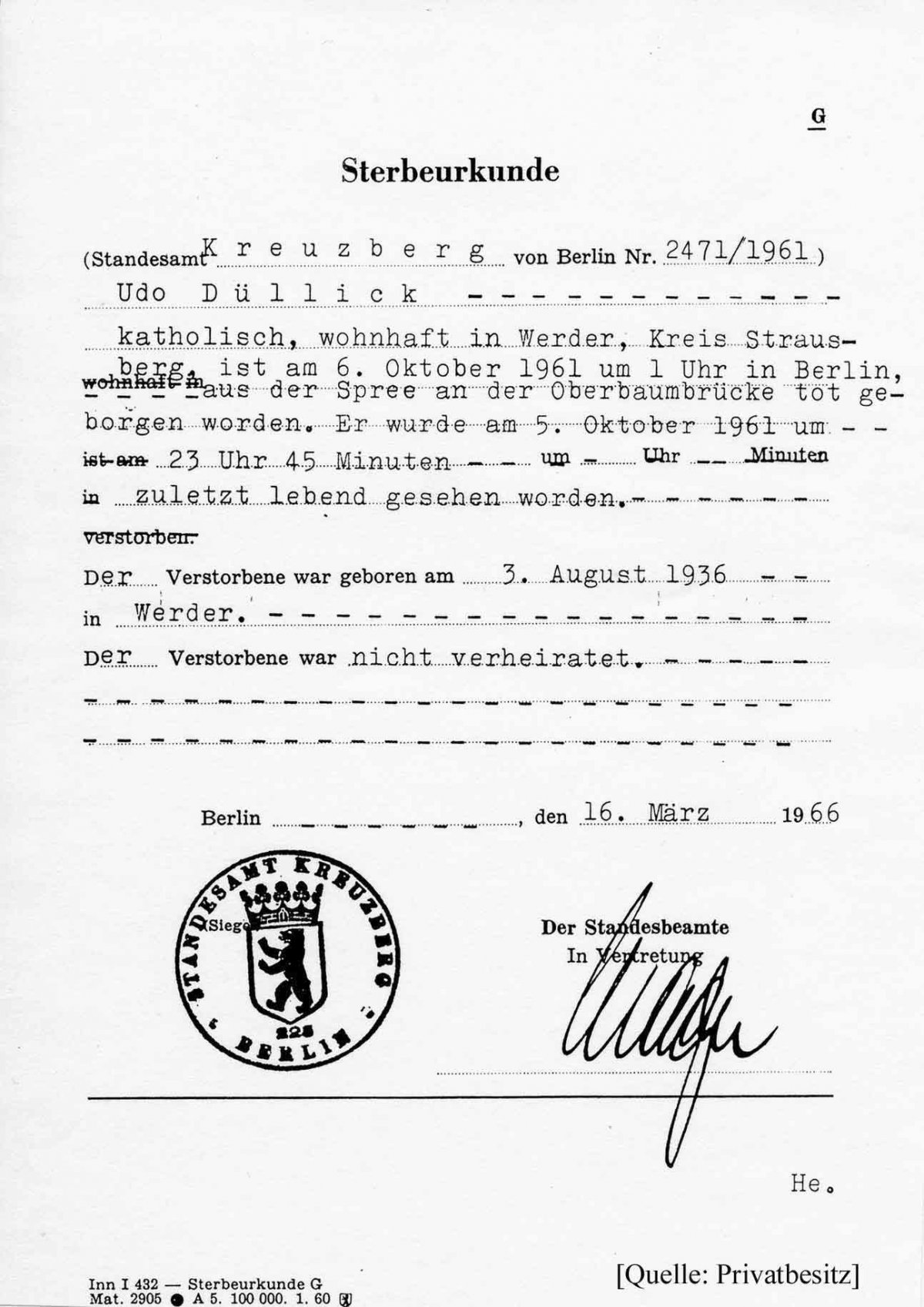 Udo Düllick, unter Beschuss im Berliner Grenzgewässer ertrunken: Sterbeurkunde vom 16. März 1966 Udo Düllick, unter Beschuss im Berliner Grenzgewässer ertrunken: Sterbeurkunde vom 16. März 1966