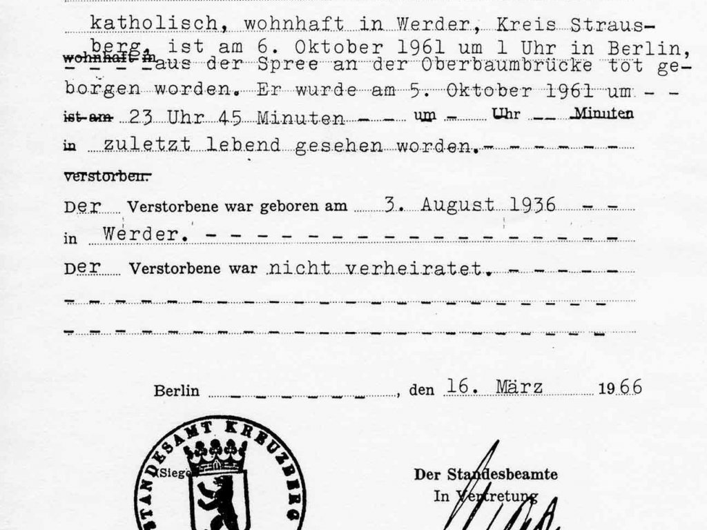 Udo Düllick, unter Beschuss im Berliner Grenzgewässer ertrunken: Sterbeurkunde vom 16. März 1966