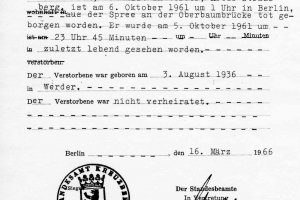 Udo Düllick, unter Beschuss im Berliner Grenzgewässer ertrunken: Sterbeurkunde vom 16. März 1966