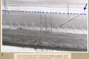 Michael Kollender, shot dead at the Berlin Wall: West Berlin police crime site photo with tracks of dragged body marked [April 25, 1966]