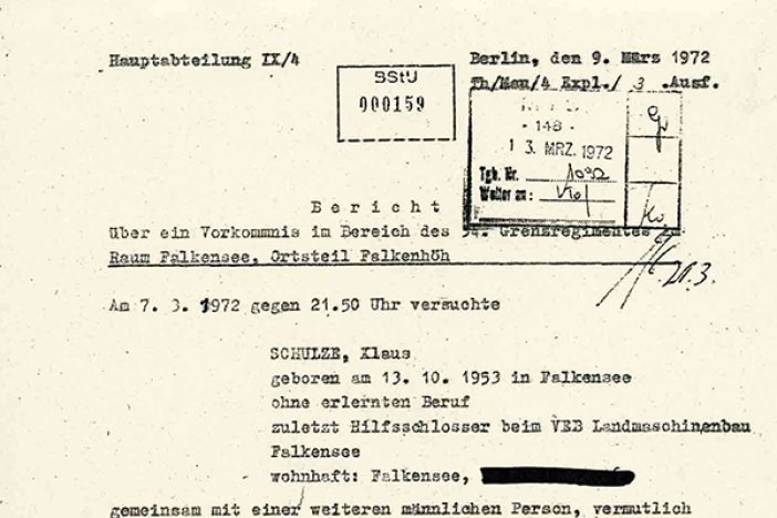 MfS-Bericht über den Fluchtversuch von Klaus Schulze, 9. März 1972 MfS-Bericht über den Fluchtversuch von Klaus Schulze, 9. März 1972