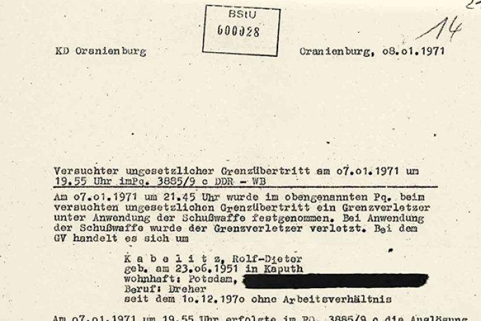 MfS-Bericht über den Fluchtversuch von Rolf-Dieter Kabelitz, 8. Januar 1971 MfS-Bericht über den Fluchtversuch von Rolf-Dieter Kabelitz, 8. Januar 1971