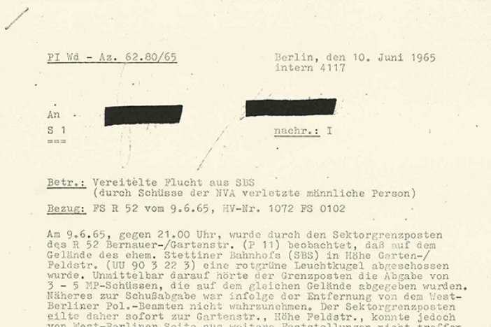 Dieter Brandes: Bericht der West-Berliner Polizei über die Verhinderung eines Fluchtversuches, 10. Juni 1965  Dieter Brandes: Bericht der West-Berliner Polizei über die Verhinderung eines Fluchtversuches, 10. Juni 1965