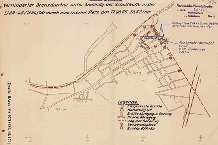 Tatortskizze der DDR-Grenztruppen zum Fluchtversuch von Klaus Garten, 18. August 1965 Tatortskizze der DDR-Grenztruppen zum Fluchtversuch von Klaus Garten, 18. August 1965