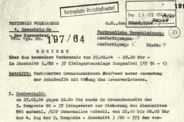 Bericht der DDR-Grenztruppen über den Fluchtversuch von Walter Hayn am 27. Februar 1964, 28. Februar 1964 Bericht der DDR-Grenztruppen über den Fluchtversuch von Walter Hayn am 27. Februar 1964, 28. Februar 1964