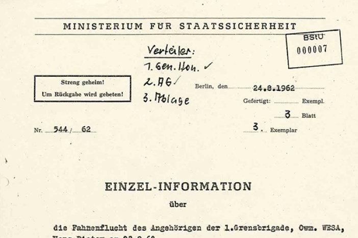 MfS-Information für Erich Honecker über den Fluchtversuch von Hans-Dieter Wesa, 24. August 1962 MfS-Information für Erich Honecker über den Fluchtversuch von Hans-Dieter Wesa, 24. August 1962