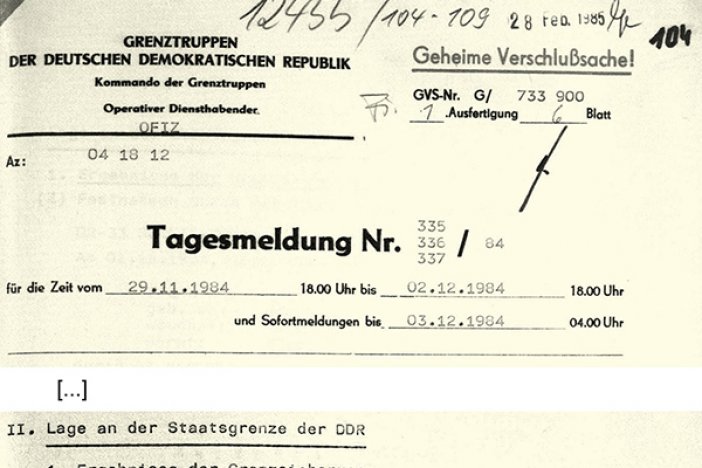 Tagesmeldung der DDR-Grenztruppen zum Fluchtversuch und zur Erschießung von Michael Schmidt, 3. Dezember 1984 Tagesmeldung der DDR-Grenztruppen zum Fluchtversuch und zur Erschießung von Michael Schmidt, 3. Dezember 1984