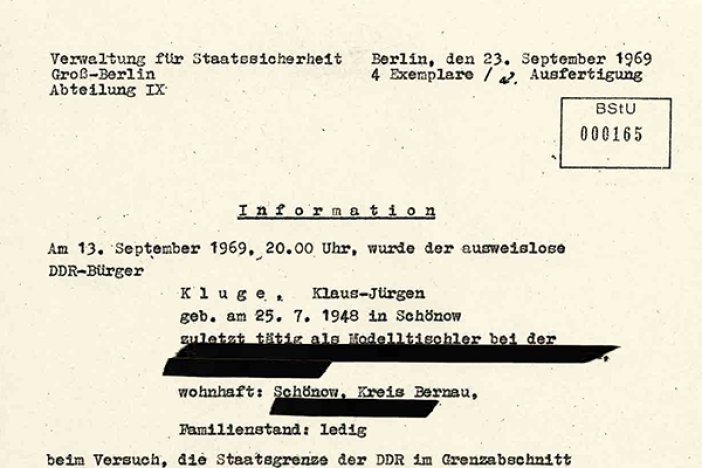 MfS-Bericht über den Fluchtversuch und die Erschießung von Klaus-Jürgen Kluge, 23. September 1969 MfS-Bericht über den Fluchtversuch und die Erschießung von Klaus-Jürgen Kluge, 23. September 1969