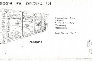 Das Bild zeigt eine technische Zeichnung eines Zauns und ist betitelt mit Grenzsignal- und Sperrzaun II (B). Rechts vom Zaun steht freundwärts und: Betonsäulen 2,9 m, Streckmetall, Stacheldraht Crom-Nickel, Wildabweisung, Kabelkanaltrog, Kosten pro Kilometer ca. 125 TM. Am rechten Blattrand ist vermerkt: Geheime Verschlußsache, GVS-Nr. 0 691 582, 31 Ausf. Blatt 24, Anlage 11.