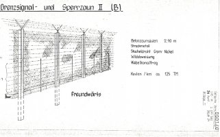 Das Bild zeigt eine technische Zeichnung eines Zauns und ist betitelt mit Grenzsignal- und Sperrzaun II (B). Rechts vom Zaun steht freundwärts und: Betonsäulen 2,9 m, Streckmetall, Stacheldraht Crom-Nickel, Wildabweisung, Kabelkanaltrog, Kosten pro Kilometer ca. 125 TM. Am rechten Blattrand ist vermerkt: Geheime Verschlußsache, GVS-Nr. 0 691 582, 31 Ausf. Blatt 24, Anlage 11.