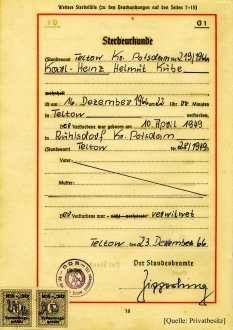 Karl-Heinz Kube, erschossen an der Berliner Mauer: Sterbeurkunde vom 23. Dezember 1966