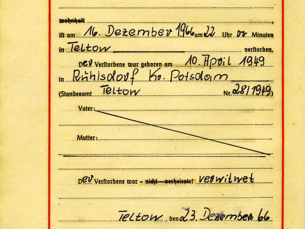 Karl-Heinz Kube, erschossen an der Berliner Mauer: Sterbeurkunde vom 23. Dezember 1966