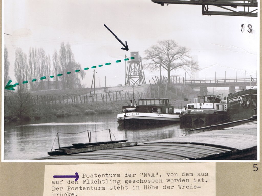 Michael Kollender, shot dead at the Berlin Wall: West Berlin police crime site photo of guard tower in the border territory with direction of fired bullets marked [April 25, 1966]