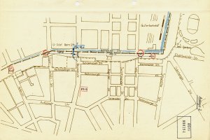 Stasi-Skizze von der gelungenen Flucht mit einer Leiter von Berlin-Mitte (nahe der Brunnenstraße) nach Berlin-Wedding,  19. November 1986