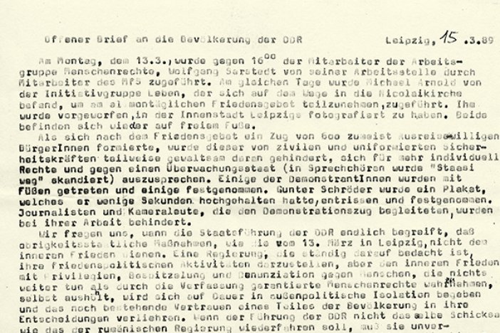 Chris Gueffroy: Offener Brief von Mitgliedern oppositioneller Gruppen in der DDR an die Bevölkerung Leipzig, 15. März 1989 Chris Gueffroy: Offener Brief von Mitgliedern oppositioneller Gruppen in der DDR an die Bevölkerung Leipzig, 15. März 1989