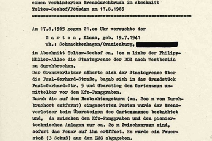 MfS-Information für Erich Honecker über den Fluchtversuch von Klaus Garten, 19. August 1965 MfS-Information für Erich Honecker über den Fluchtversuch von Klaus Garten, 19. August 1965