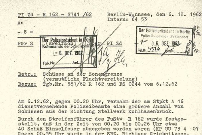 Günter Wiedenhöft: Bericht der West-Berliner Polizei über Schüsse an der Grenze, 6. Dezember 1962 Günter Wiedenhöft: Bericht der West-Berliner Polizei über Schüsse an der Grenze, 6. Dezember 1962