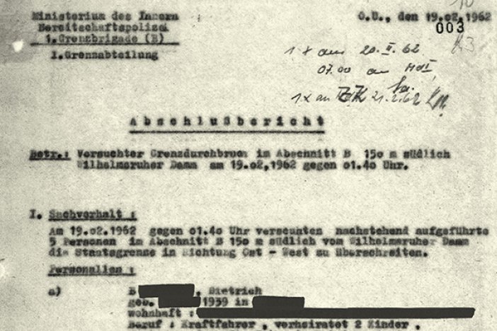 Abschlussbericht der DDR-Grenzpolizei über den Fluchtversuch von Dorit Schmiel, Detlef T., Eberhard B., Dieter B. und Brigitte K., 19. Februar 1962 Abschlussbericht der DDR-Grenzpolizei über den Fluchtversuch von Dorit Schmiel, Detlef T., Eberhard B., Dieter B. und Brigitte K., 19. Februar 1962