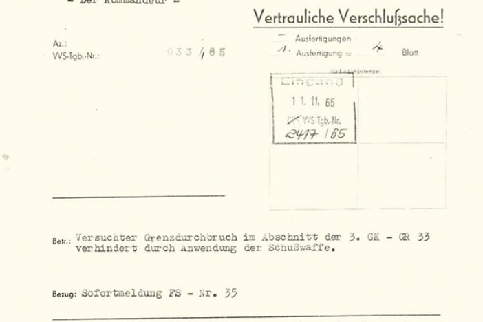 NVA-Meldung über den Fluchtversuch von Heinz Cyrus, 10. November 1965 NVA-Meldung über den Fluchtversuch von Heinz Cyrus, 10. November 1965