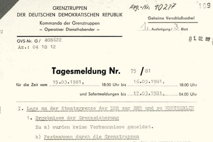 Dr. Johannes Muschol: Tagesmeldung der DDR-Grenztruppen über die Erschießung, 16. März 1981 Dr. Johannes Muschol: Tagesmeldung der DDR-Grenztruppen über die Erschießung, 16. März 1981
