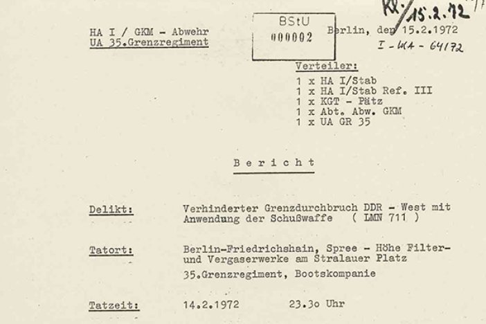 Manfred Weylandt: MfS-Bericht über den Fluchtversuch und die Erschießung eines Unbekannten, 15. Februar 1972 Manfred Weylandt: MfS-Bericht über den Fluchtversuch und die Erschießung eines Unbekannten, 15. Februar 1972