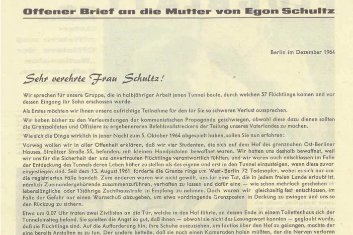 Offener Brief der Fluchthelfer an die Mutter von Egon Schultz, Dezember 1964  Offener Brief der Fluchthelfer an die Mutter von Egon Schultz, Dezember 1964