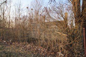 Betonplattenwand-Reste der Vorfeldsicherung als Teil der DDR-Grenzanlagen in der Nähe des Eisenbahn-Grenzübergangs Staaken; Aufnahme 2015