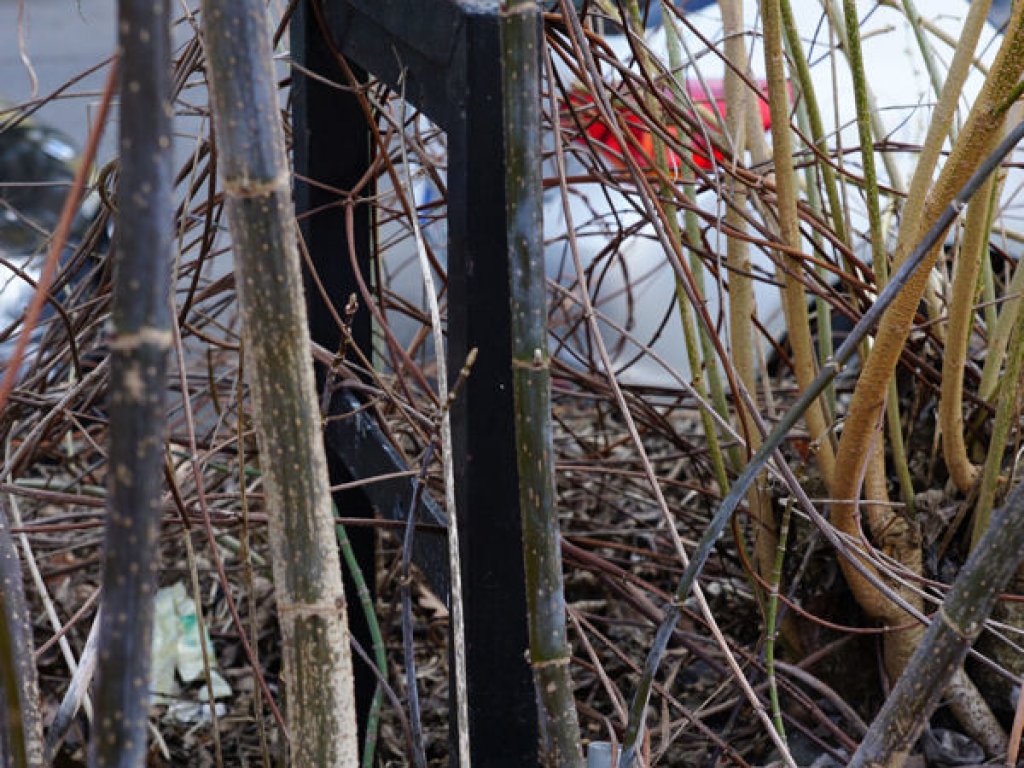 Befestigung für einen Grenzsignalzaun- und Elektroschaltkasten am Rand des Grenzübergangs Bornholmer Straße; Aufnahme 2015