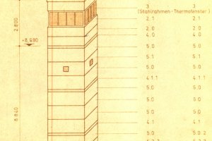 Technische Zeichnung des Grenzturmes mit der Überschrift: Stahlbetonfertigteilübersicht.