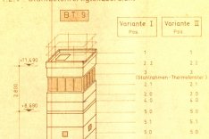 Technische Zeichnung des Grenzturmes mit der Überschrift: Stahlbetonfertigteilübersicht.