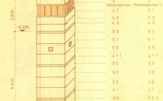 Technische Zeichnung des Grenzturmes mit der Überschrift: Stahlbetonfertigteilübersicht.