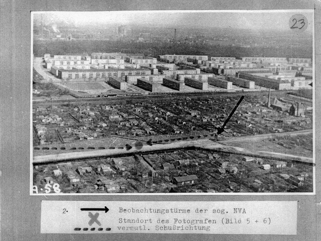 Jörg Hartmann, shot dead at the Berlin Wall: West Berlin police photo of the border territory between Berlin-Neukölln and Berlin-Treptow with direction of fired bullets marked [March 14, 1966]