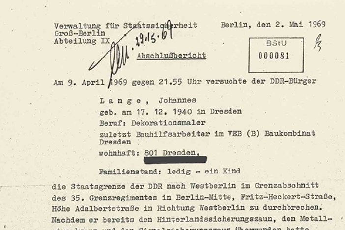 MfS-Abschlussbericht zum Fluchtversuch und zur Erschießung von Johannes Lange, 2. Mai 1969  MfS-Abschlussbericht zum Fluchtversuch und zur Erschießung von Johannes Lange, 2. Mai 1969