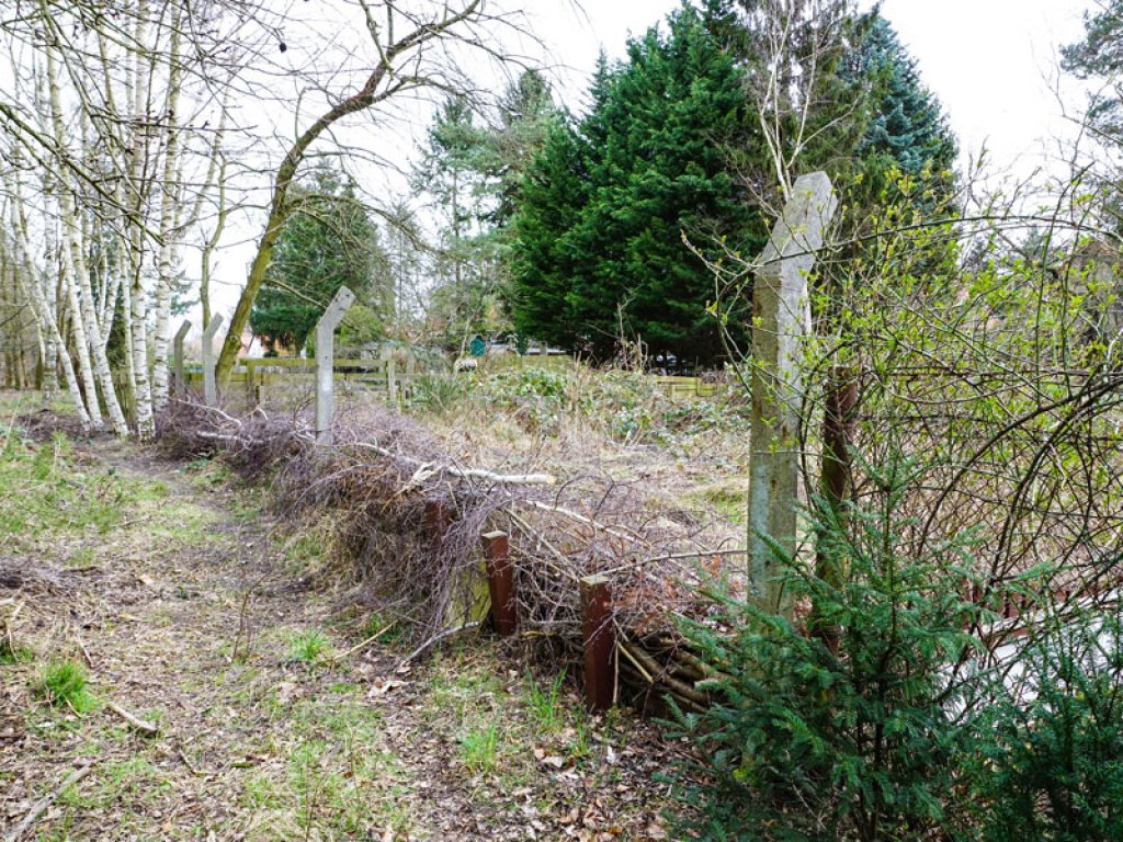 Pfosten eines Sperrzaunes der DDR-Grenzanlagen zwischen Kleinmachnow und Berlin-Zehlendorf; Aufnahme 2015