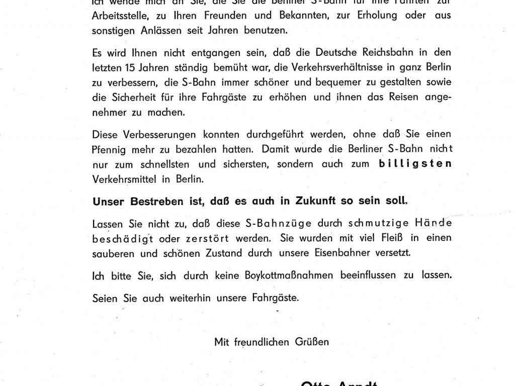 Flugblatt des Reichsbahndirektor Otto Arndt