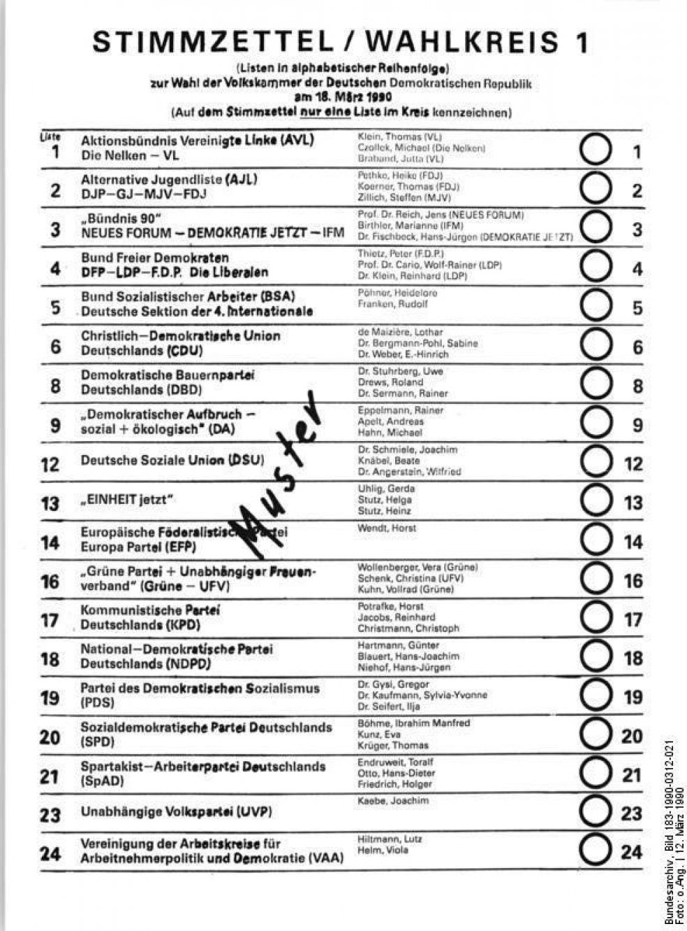Stimmzettel f&uuml;r den Wahlkreis1 (Berlin) zur Wahl der DDR-Volkskammer am 18. M&auml;rz 1990