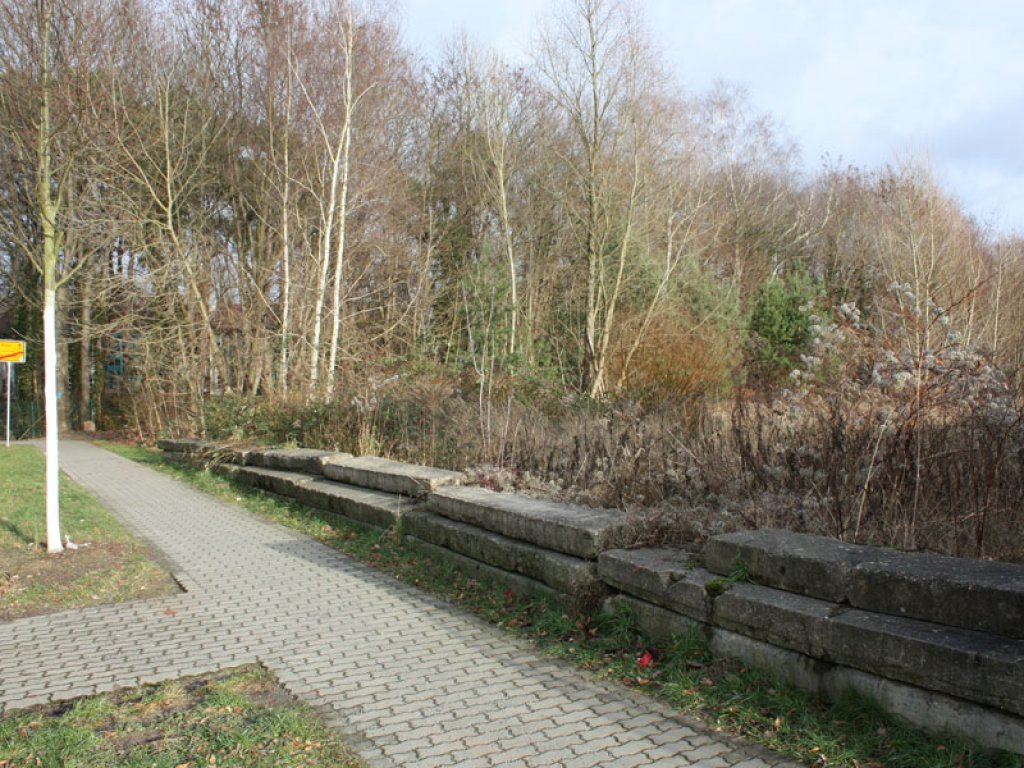 Betonplatten der 3. Generation der Mauer als Sperrmaterial auf dem Kolonnenweg der DDR-Grenztruppen zwischen Mahlow-Waldblick und Berlin-Lichtenrade (1); Aufnahme 2015