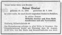 Rainer Gneiser, ertrunken im Berliner Grenzgewässer: Todesanzeige (August 1964)