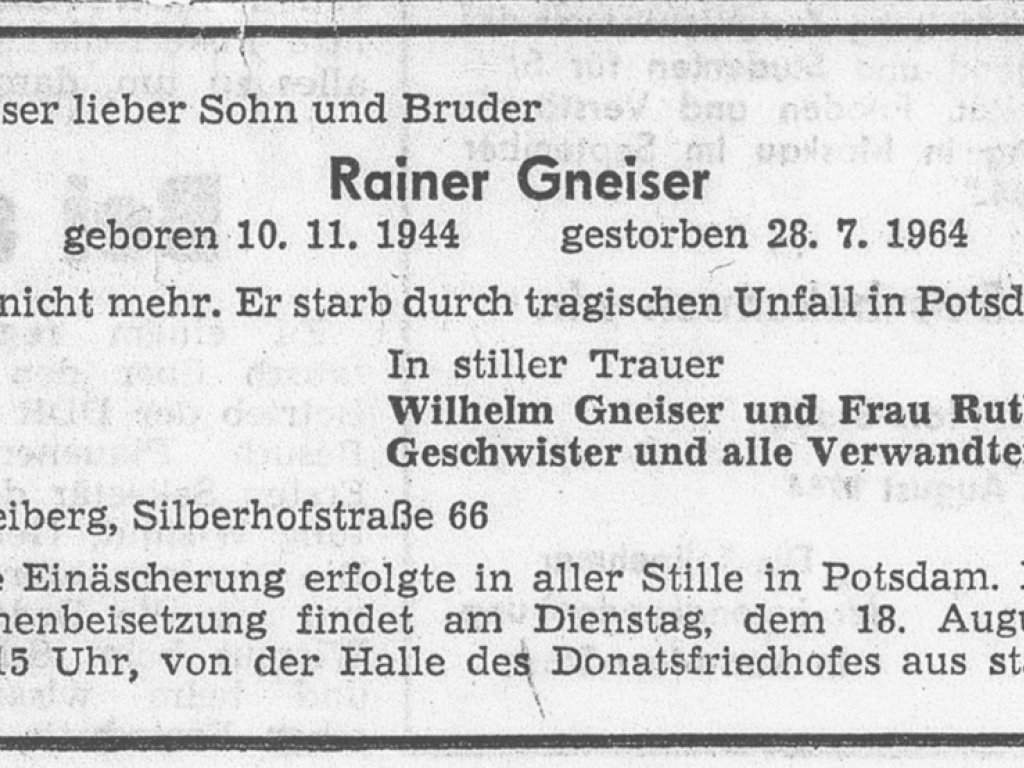 Rainer Gneiser, drowned in the Berlin border waters: Obituary [August 1964]