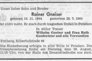 Rainer Gneiser, drowned in the Berlin border waters: Obituary [August 1964]