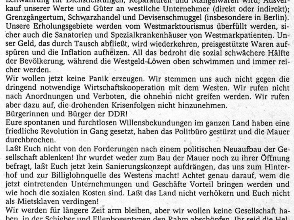 Erklärung des Neuen Forum zum Mauerfall, 12. November 1989
