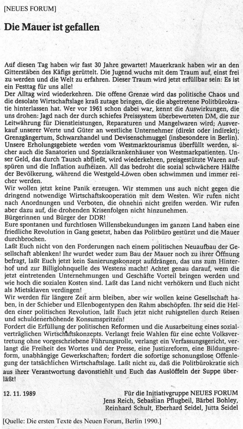 Erklärung des Neuen Forum zum Mauerfall, 12. November 1989