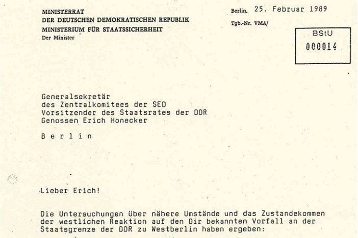 Chris Gueffroy: Brief von Stasi-Minister Erich Mielke an Erich Honecker über die westlichen Reaktionen, 25. Februar 1989 Chris Gueffroy: Brief von Stasi-Minister Erich Mielke an Erich Honecker über die westlichen Reaktionen, 25. Februar 1989