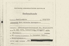 Johannes Sprenger: Sterbeurkunde vom 21. Juni 1974 mit gefälschtem Todesdatum