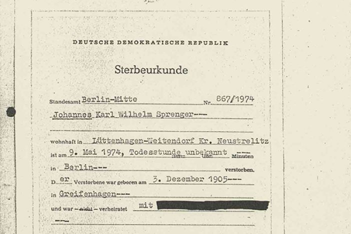Johannes Sprenger: Sterbeurkunde vom 21. Juni 1974 mit gefälschtem Todesdatum Johannes Sprenger: Sterbeurkunde vom 21. Juni 1974 mit gefälschtem Todesdatum