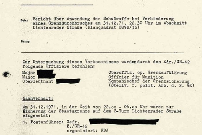 Bericht der DDR-Grenztruppen über den Fluchtversuch von Horst Kullack, 1. Januar 1972 Bericht der DDR-Grenztruppen über den Fluchtversuch von Horst Kullack, 1. Januar 1972