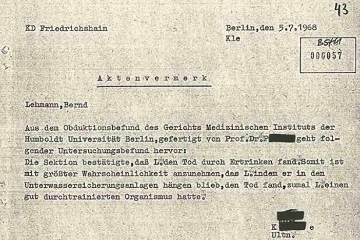 Bernd Lehmann: MfS-Aktenvermerk zu den Todesumständen, 5. Juli 1968 Bernd Lehmann: MfS-Aktenvermerk zu den Todesumständen, 5. Juli 1968